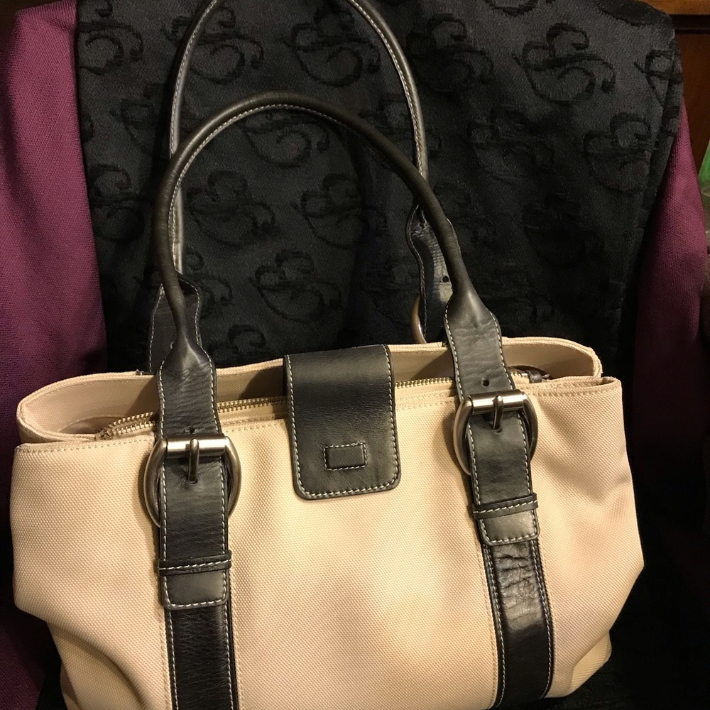 Antonio Melani Vintage Tan Canvas Bag Leather Black Trim